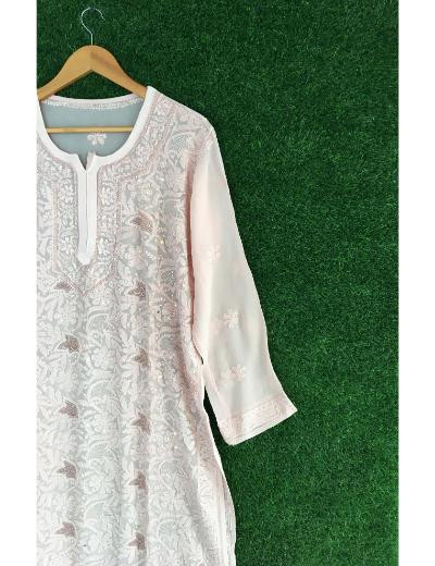Chhangamal Hand Embroidered Light Beige Colour Pure Georgette Chikankari  Kurti