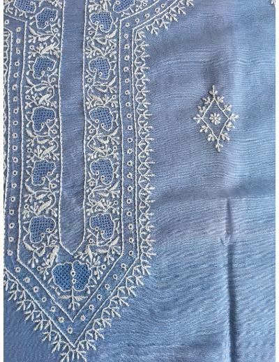 Chhangamal Hand Embroidered Light Blue Colour Chanderi Silk  Chikankari Unstitched Men’s 	kurta Piece