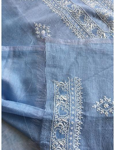 Chhangamal Hand Embroidered Light Blue Colour Chanderi Silk  Chikankari Unstitched Men’s 	kurta Piece