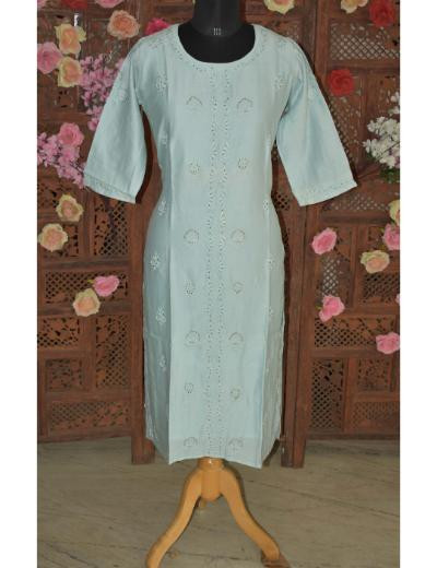 Chhangamal Hand Embroidered Light Blue Colour Chanderi Silk Kurti
