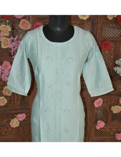 Chhangamal Hand Embroidered Light Blue Colour Chanderi Silk Kurti