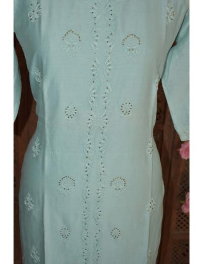 Chhangamal Hand Embroidered Light Blue Colour Chanderi Silk Kurti