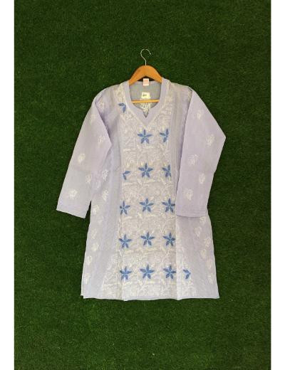 Chhangamal Hand Embroidered Light Blue Colour Cotton Chikankari Kurti