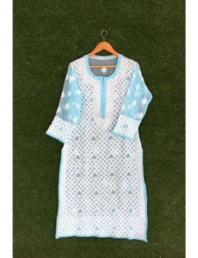 Chhangamal Hand Embroidered Light Blue Colour Georgette Chikankari Kurti Piece