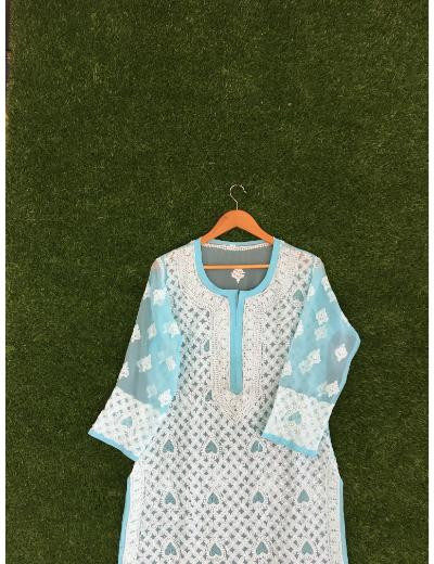 Chhangamal Hand Embroidered Light Blue Colour Georgette Chikankari Kurti Piece