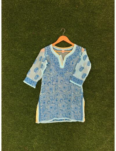 Chhangamal Hand Embroidered Light Blue Colour Georgette Chikankari Top
