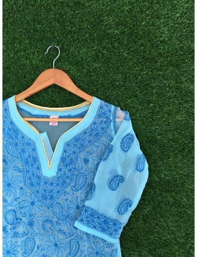 Chhangamal Hand Embroidered Light Blue Colour Georgette Chikankari Top
