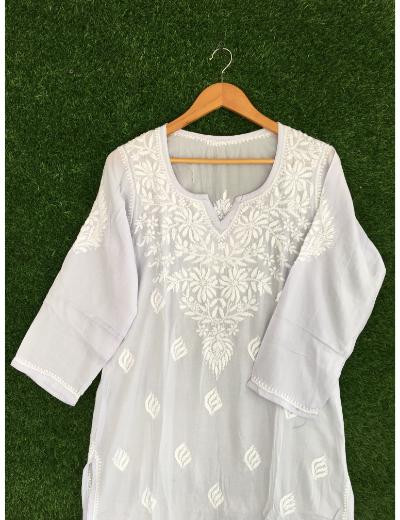 Chhangamal Hand Embroidered Light Blue Colour Modal Chikankari Kurti