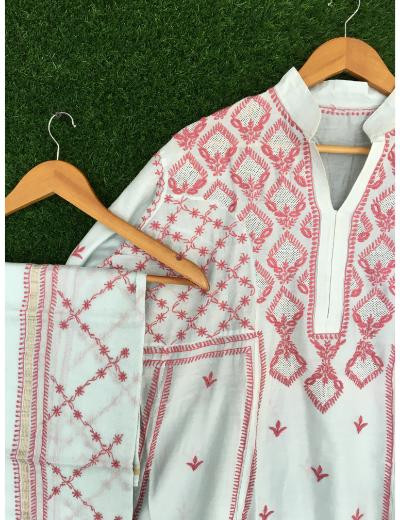 Chhangamal Hand Embroidered Light Blue Colour Mul Chanderi Chikankari Kurta Dupatta Piece