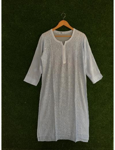 Chhangamal Hand Embroidered Light Blue Colour Pure Georgette Chikankari  Kurti