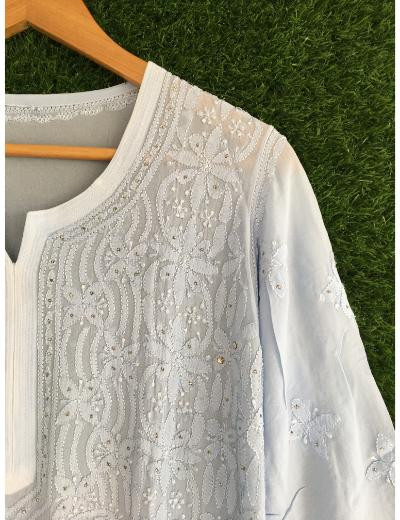 Chhangamal Hand Embroidered Light Blue Colour Pure Georgette Chikankari  Kurti
