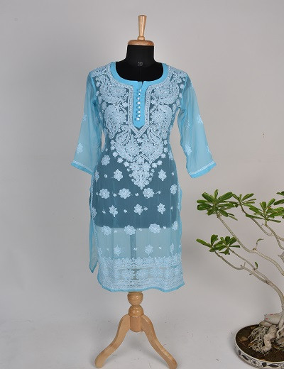 Chhangamal Hand Embroidered Light Blue Faux Georgette Chikankari Kurti