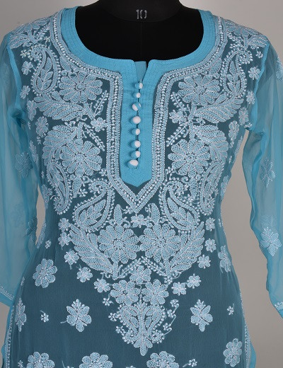 Chhangamal Hand Embroidered Light Blue Faux Georgette Chikankari Kurti