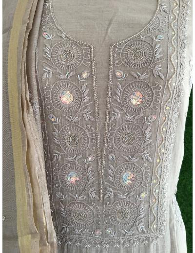 Chhangamal Hand Embroidered Light Brown Colour Mul Chanderi Chikankari Suit Piece