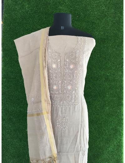 Chhangamal Hand Embroidered Light Brown Colour Mul Chanderi Chikankari Suit Piece