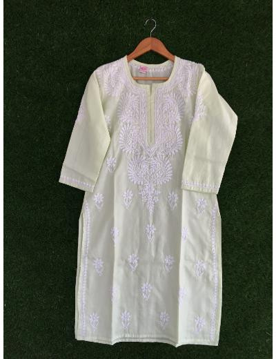 Chhangamal Hand Embroidered Light Green Colour Cotton Chikankari Kurti