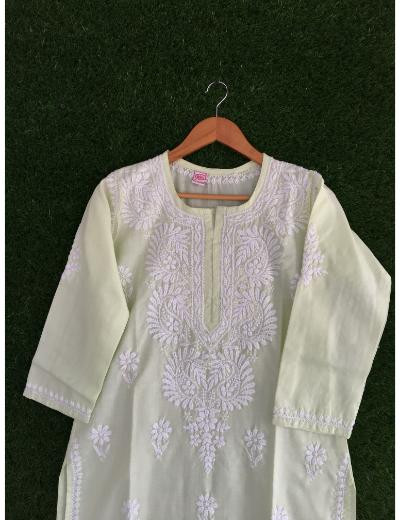 Chhangamal Hand Embroidered Light Green Colour Cotton Chikankari Kurti