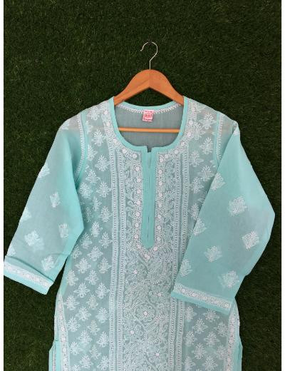 Chhangamal Hand Embroidered Light Green Colour Cotton Chikankari Kurti