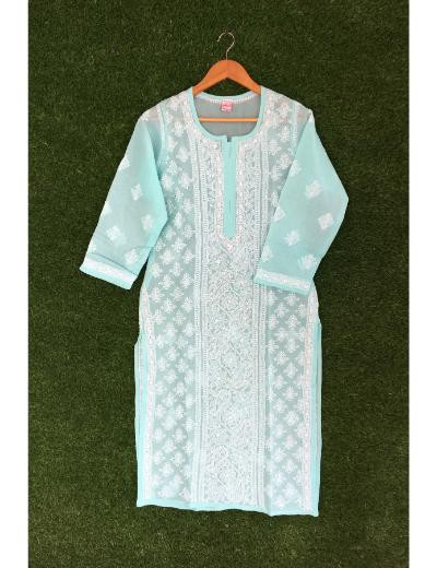 Chhangamal Hand Embroidered Light Green Colour Cotton Chikankari Kurti