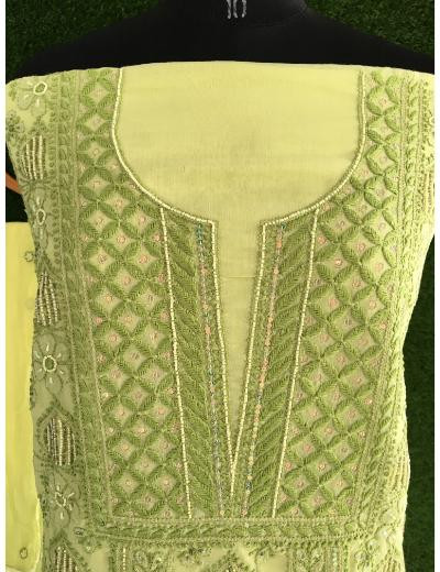 Chhangamal Hand Embroidered Light Green Colour Cotton Chikankari Suit Piece
