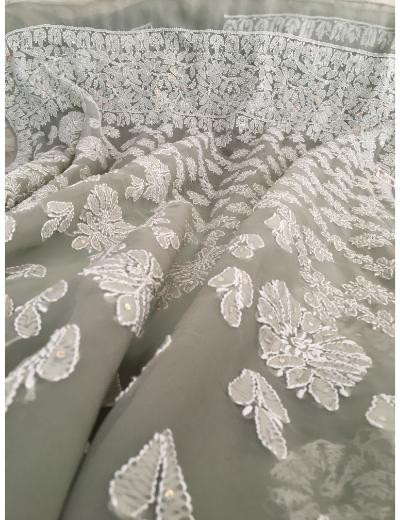 Chhangamal Hand Embroidered Light Green Colour Georgette Chikankari Saree