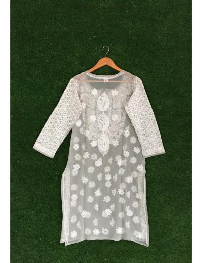 Chhangamal Hand Embroidered Light Grey  Colour Georgette Chikankari Kurti Piece