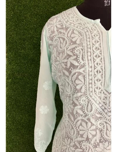 Chhangamal Hand Embroidered Light Grey  Colour Pure Georgette Chikankari  Kurti