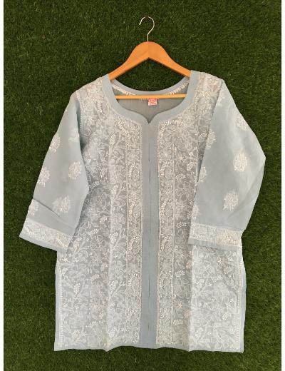 Chhangamal Hand Embroidered Light Grey Colour Cotton Chikankari Top