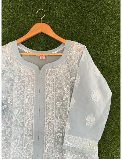 Chhangamal Hand Embroidered Light Grey Colour Cotton Chikankari Top