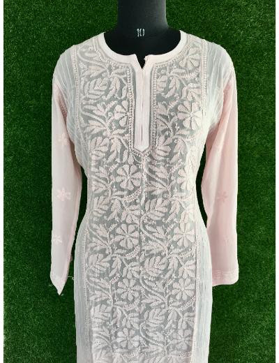 Chhangamal Hand Embroidered Light Onion  Colour Pure Georgette Chikankari  Kurti