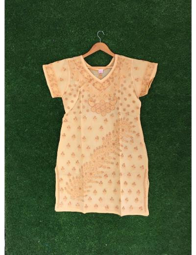 Chhangamal Hand Embroidered Light Orange Colour Cotton Chikankari Kurti