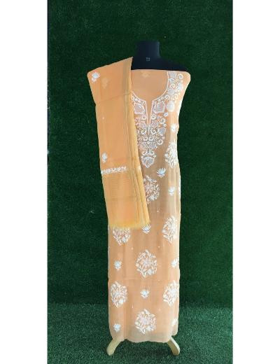 Chhangamal Hand Embroidered Light Orange Colour Mul Chanderi Chikankari Suit Piece