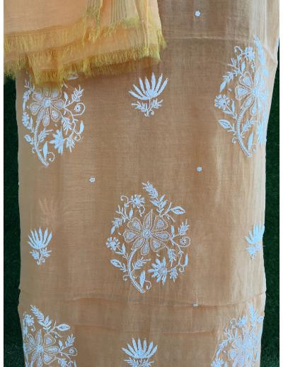 Chhangamal Hand Embroidered Light Orange Colour Mul Chanderi Chikankari Suit Piece