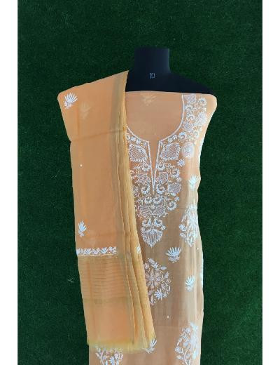 Chhangamal Hand Embroidered Light Orange Colour Mul Chanderi Chikankari Suit Piece