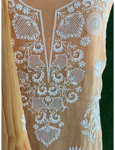 Chhangamal Hand Embroidered Light Orange Colour Mul Chanderi Chikankari Suit Piece