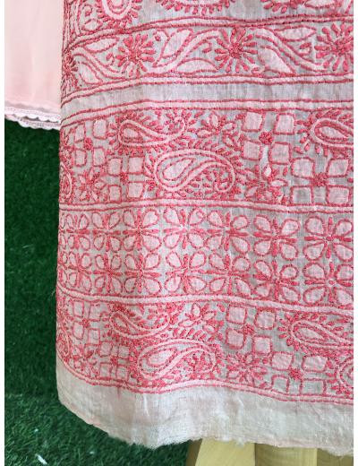 Chhangamal Hand Embroidered Light Orange Colour Silk Chikankari Suit Piece