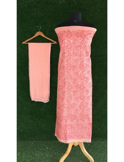 Chhangamal Hand Embroidered Light Orange Colour Silk Chikankari Suit Piece