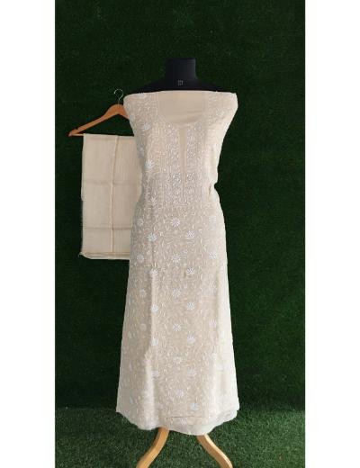 Chhangamal Hand Embroidered Light Peach Colour Chanderi Silk Chikankari Kurta Dupatta Piece