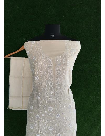 Chhangamal Hand Embroidered Light Peach Colour Chanderi Silk Chikankari Kurta Dupatta Piece