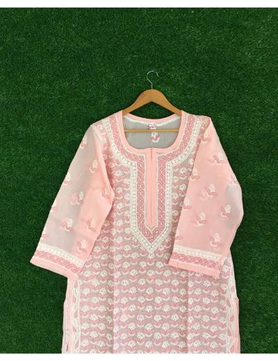Chhangamal Hand Embroidered Light Peach Colour Cotton Chikankari Kurti Piece