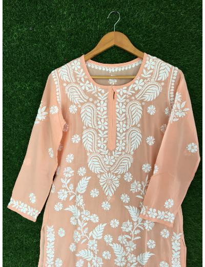Chhangamal Hand Embroidered Light Peach Colour Modal Chikankari Kurti