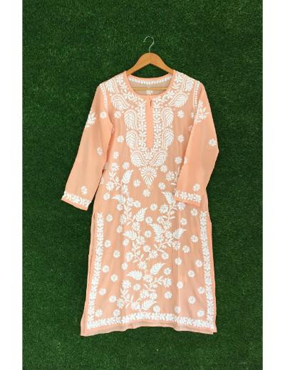 Chhangamal Hand Embroidered Light Peach Colour Modal Chikankari Kurti