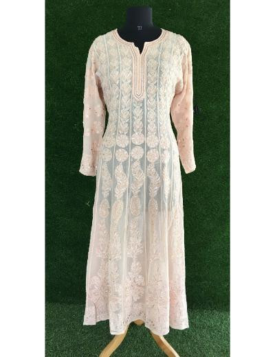 Chhangamal Hand Embroidered Light Peach Colour Pure Georgette Chikankari Anaarkali Kurti
