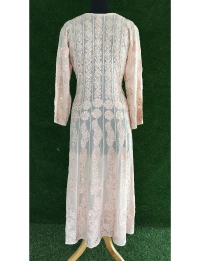 Chhangamal Hand Embroidered Light Peach Colour Pure Georgette Chikankari Anaarkali Kurti