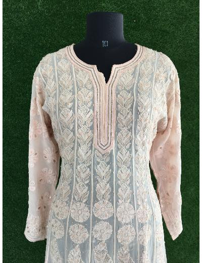 Chhangamal Hand Embroidered Light Peach Colour Pure Georgette Chikankari Anaarkali Kurti