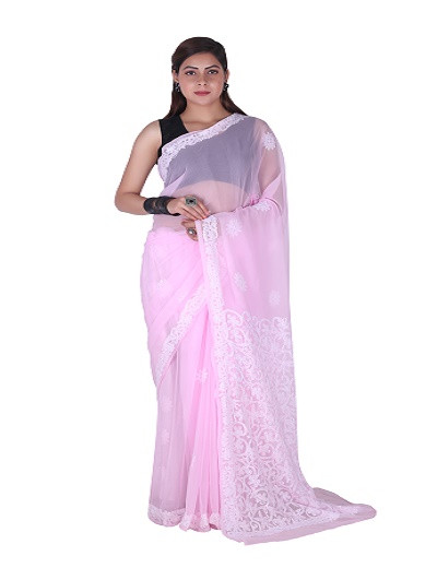 Chhangamal Hand Embroidered Light Pink Chikankari Faux Georgette Saree