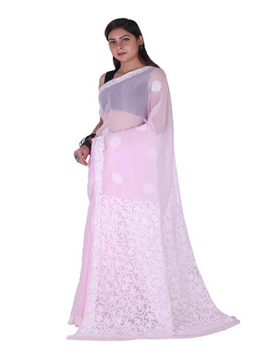 Chhangamal Hand Embroidered Light Pink Chikankari Faux Georgette Saree