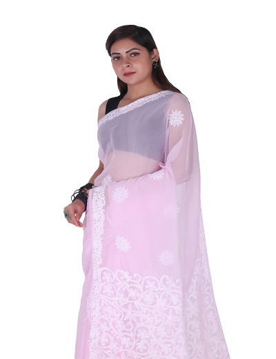 Chhangamal Hand Embroidered Light Pink Chikankari Faux Georgette Saree