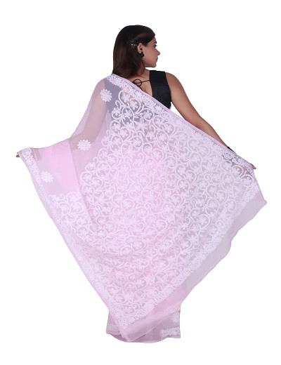 Chhangamal Hand Embroidered Light Pink Chikankari Faux Georgette Saree