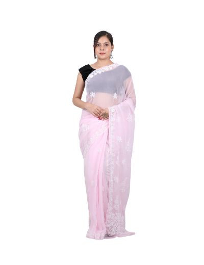 Chhangamal Hand Embroidered Light Pink Georgette Chikankari Saree